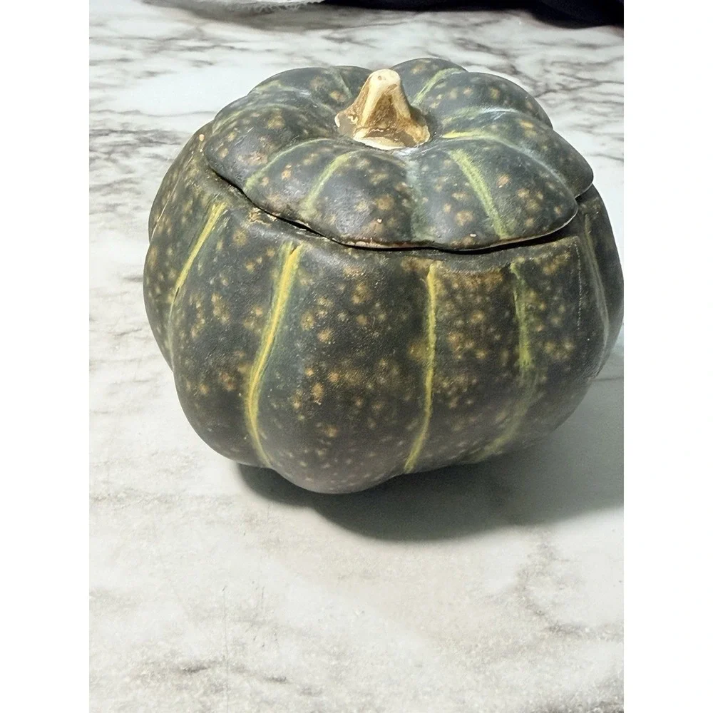 VTG Gourd/Pumpkin Ceramic Candle‎ Holder ~ Green ~ 3 x 3 (P2939)
